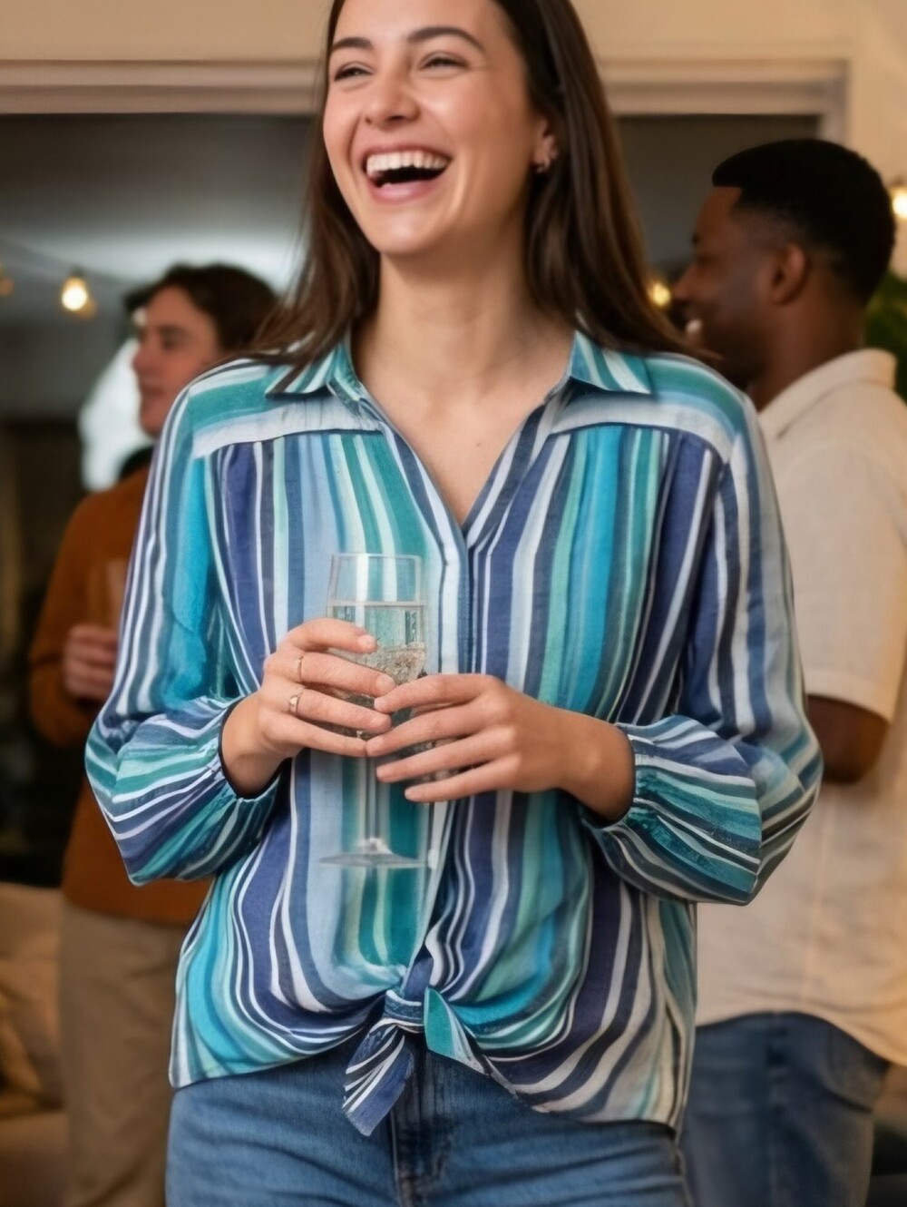 HOPE AND HARLOW SZ L Striped Blue Tie-Front Women's Blouse